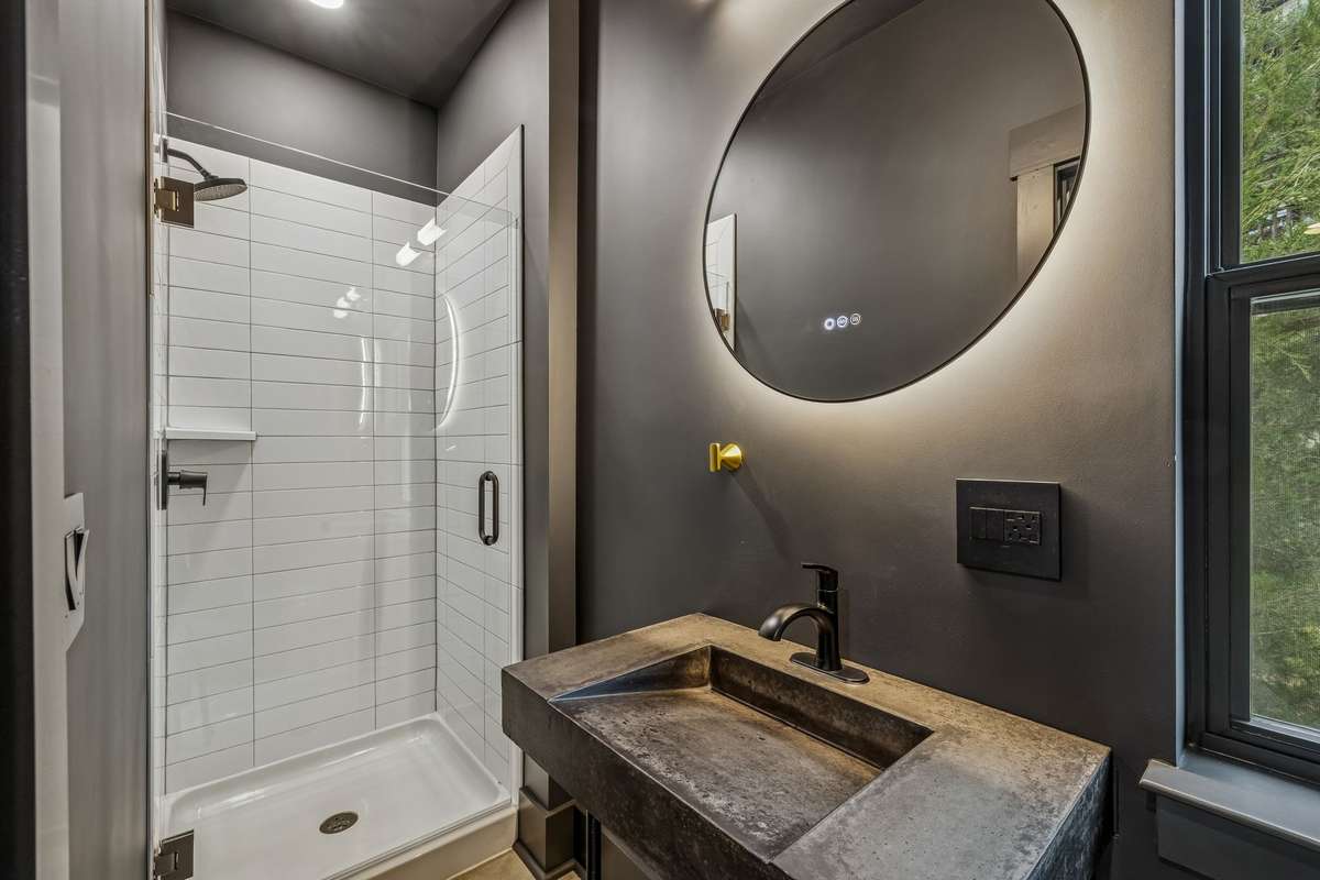 Renovated Guest Bathroom with Handmade Concrete Vanity, LED Anti-Fog Mirror & Tile Shower with Frameless Glass Door
