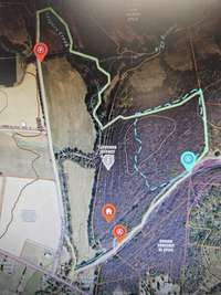 The light blue "A" is the access to the trail system around the wooded area. The red "A" is access to the back field. The home icon is the location of an old homeplace.