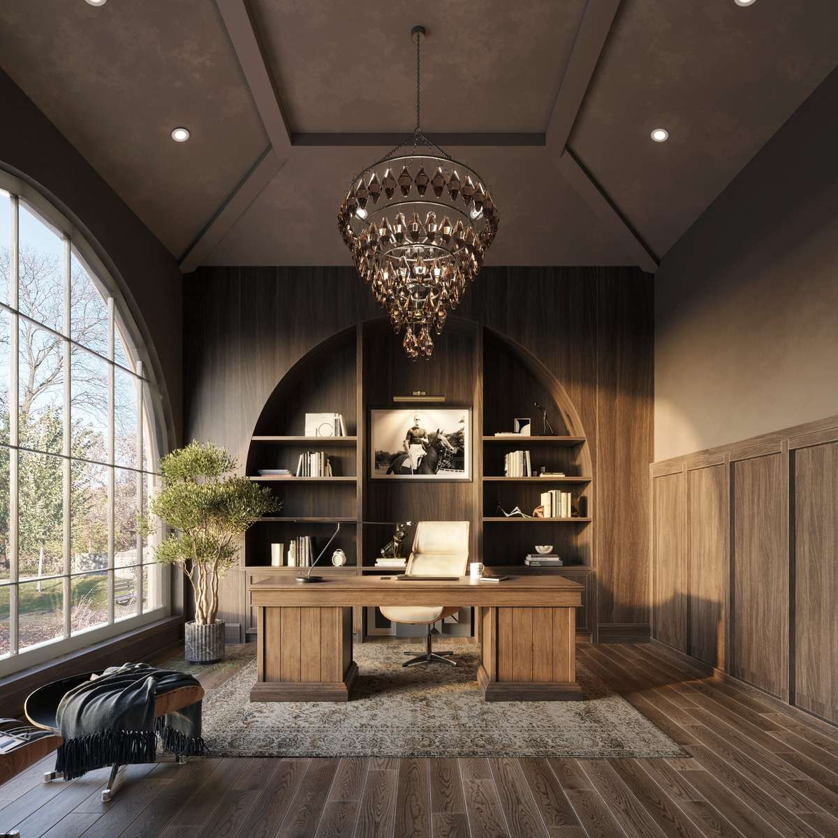 The private study features rich walnut paneling, built-ins, and a dramatic arched window that fills the space with natural light, creating a refined setting for work or reading.