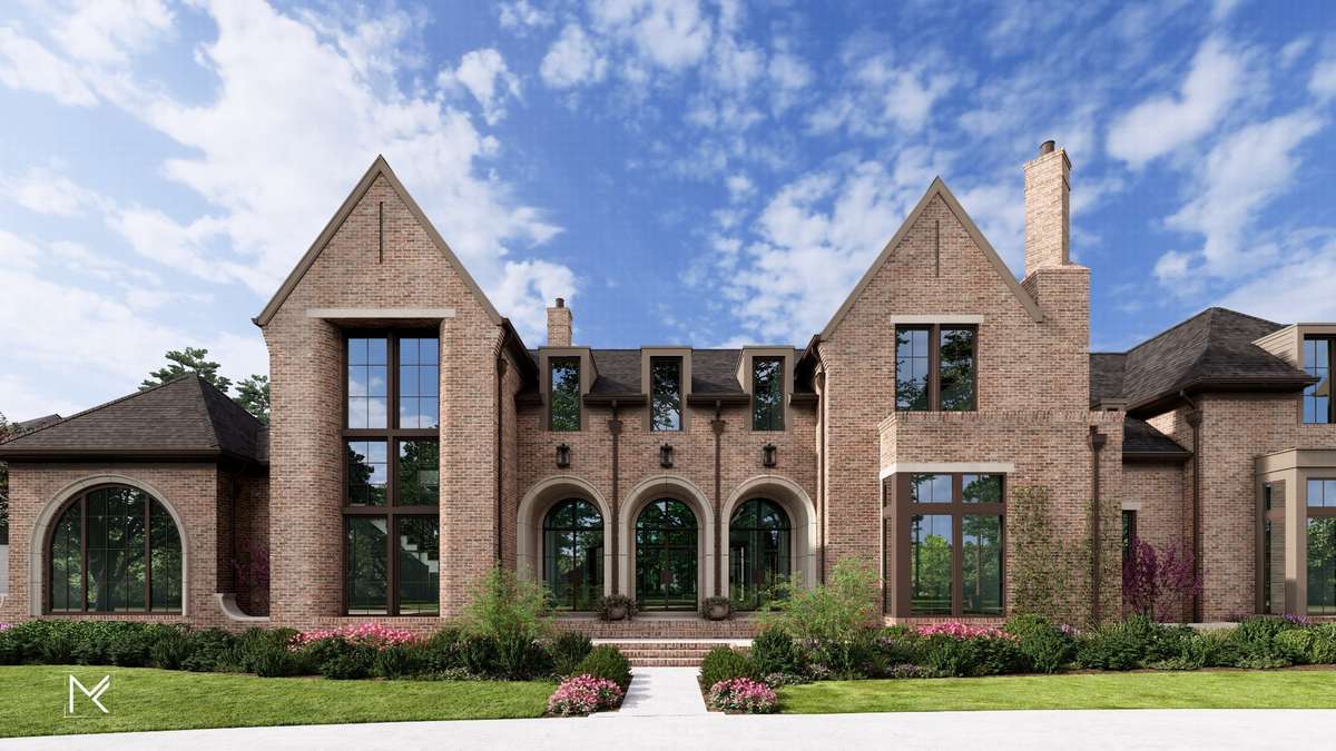 The front elevation features three recessed half-round doors for a distinctive and welcoming entry to the home. The rounded brick and turned chimney add character and craftsmanship to the exterior design.