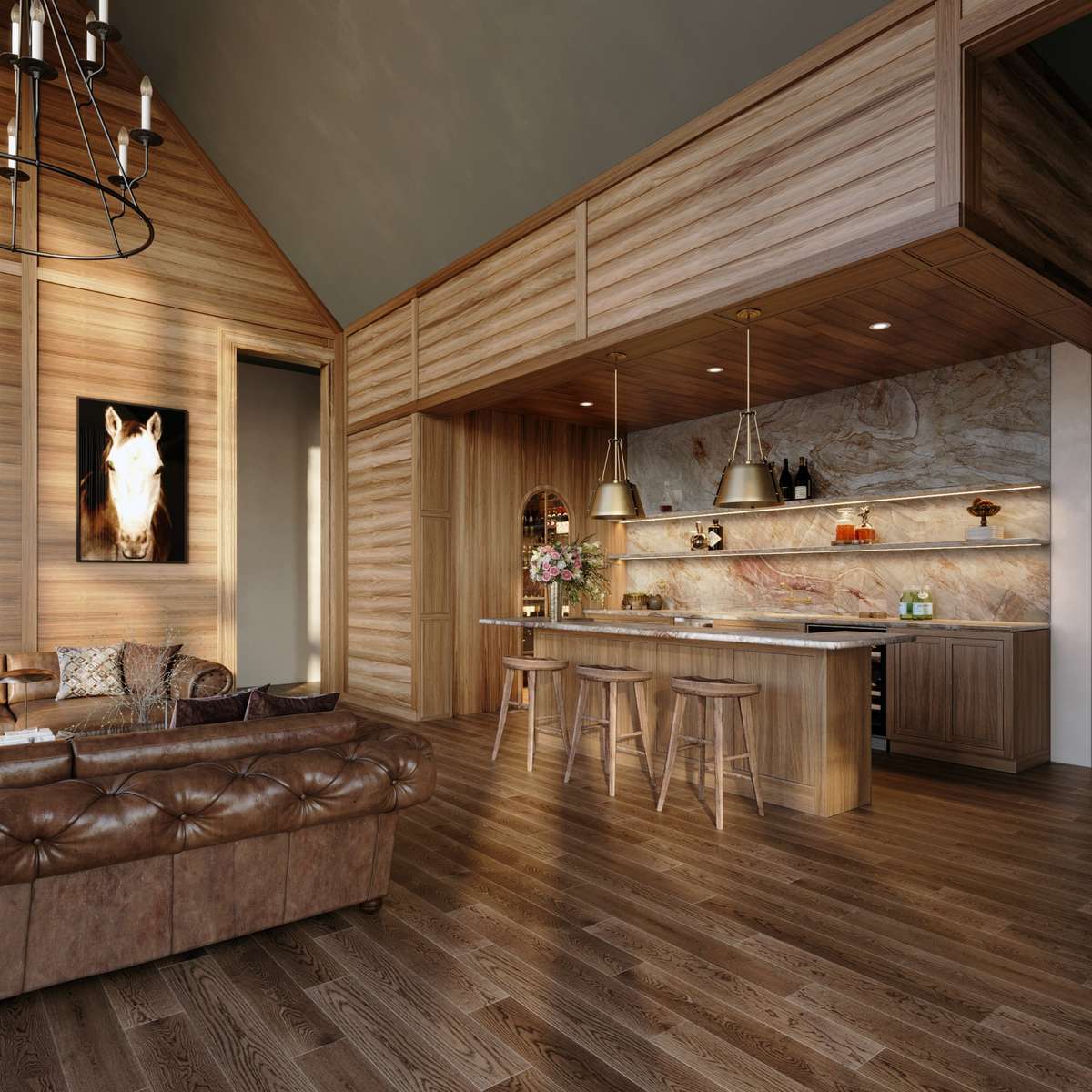The club room features white oak wood paneling, vaulted ceilings, and a custom pub, creating a warm and memorable space for entertaining. Adjacent to this is the dedicated exercise room and sauna.