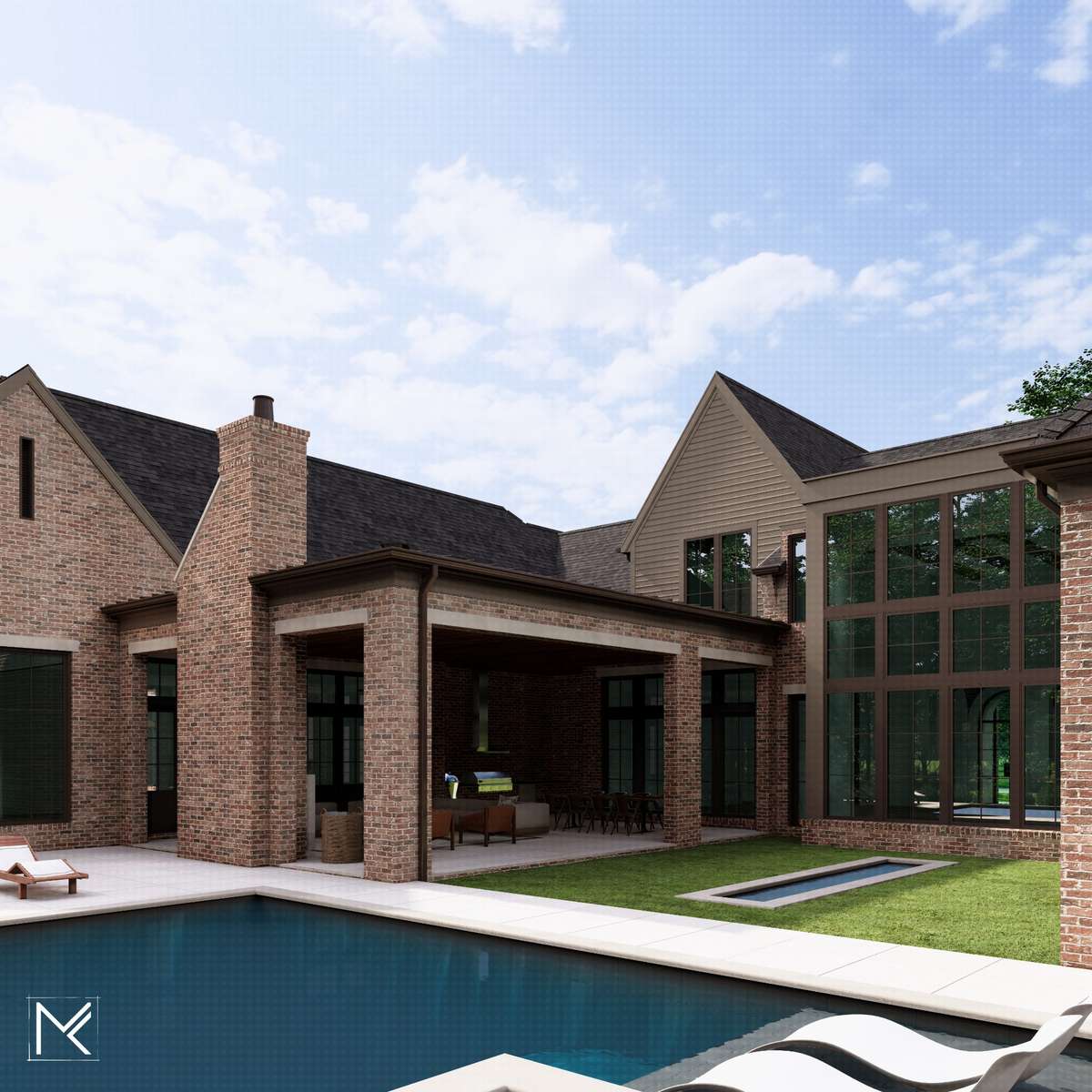The covered porch features an outdoor kitchen, fireplace, and seating area overlooking the pools.