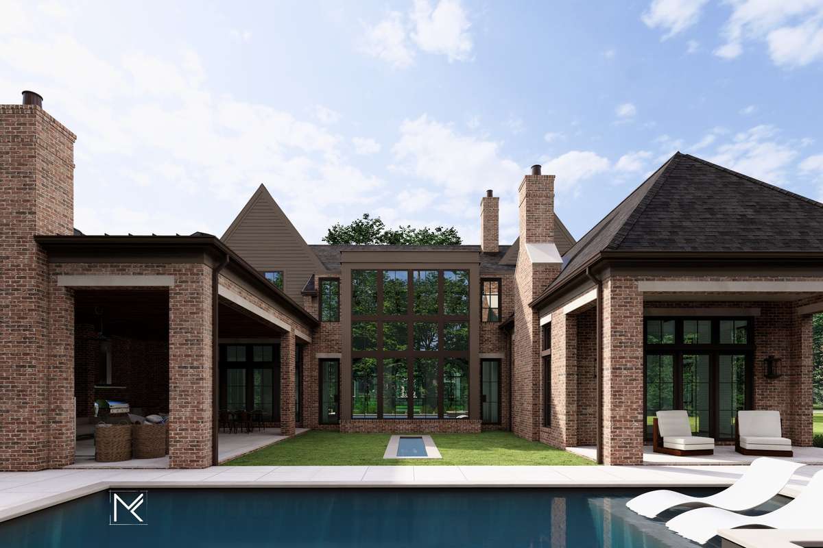 The outdoor reflection pool enhances the backyard’s appeal, creating a serene focal point visible from the keeping room.