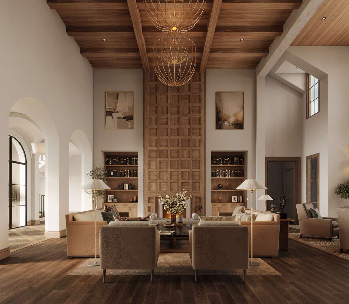 This great room features soaring 21-foot ceilings with white oak beams, a dramatic coffered wood fireplace wall with built-ins, and expansive windows on either side that fill the space with natural light.