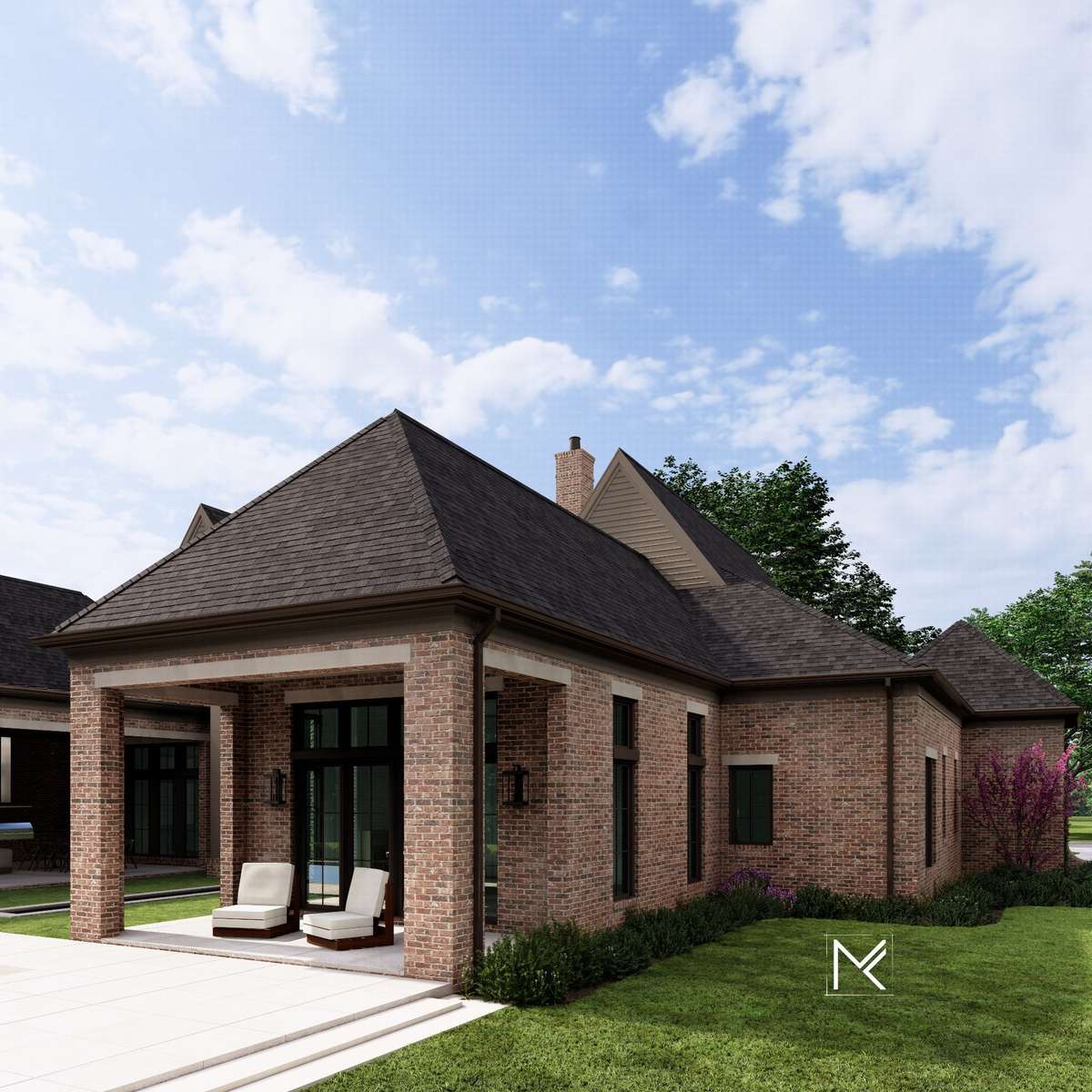 Begin your day on the covered private porch overlooking the outdoor living space.