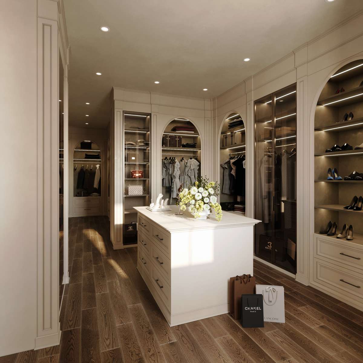 The expansive primary his/her closets feature custom built-ins, lighted display cabinetry, and a center island with additional storage, creating a beautifully organized dressing space.