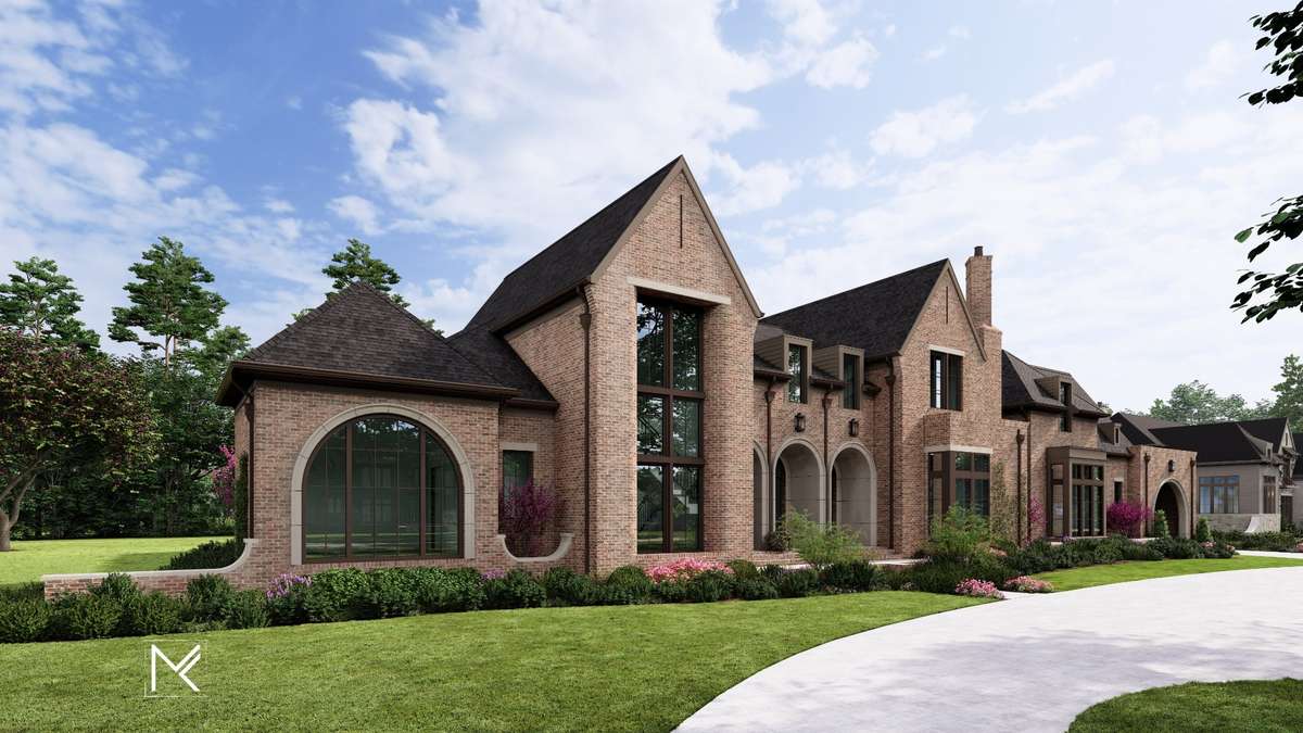 The study features a large half-round window, adding architectural interest to the front elevation and filling the space with natural light.