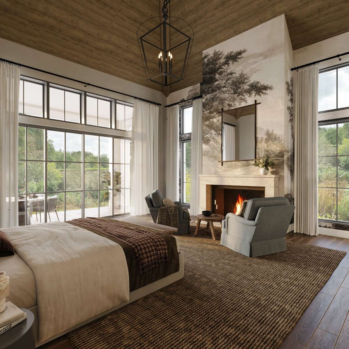 Unwind in the serene primary suite with vaulted white oak ceilings, a fireplace wall dressed with chic wallpaper, and expansive sliding glass doors that open to the private covered porch.