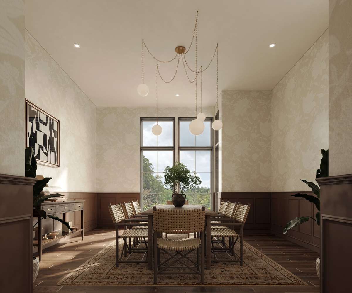 Just off the kitchen, the formal dining room provides an elegant setting for entertaining, featuring timeless wainscoting that adds warmth and character.