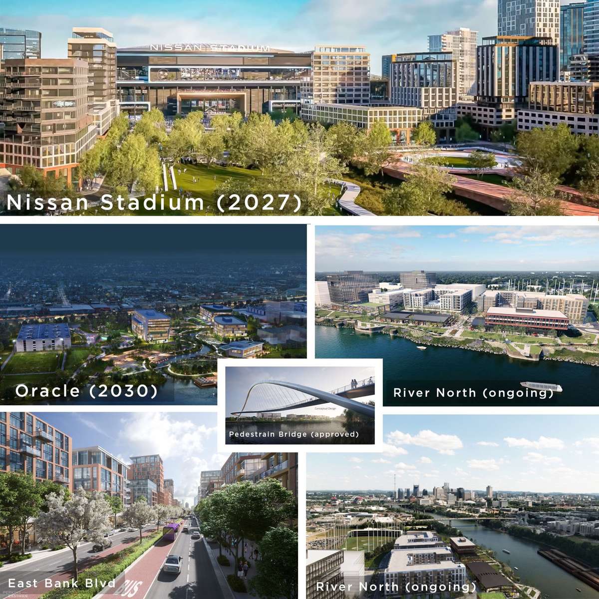 Renderings and proposed timelines for the East Bank Redevelopment. 
Titans Stadium, Oracle New HQ, Pedestrian Bridge connecting to Germantown, East Bank Blvd