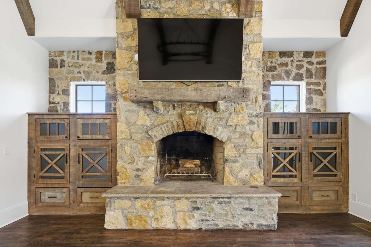 Family room real rock fireplace