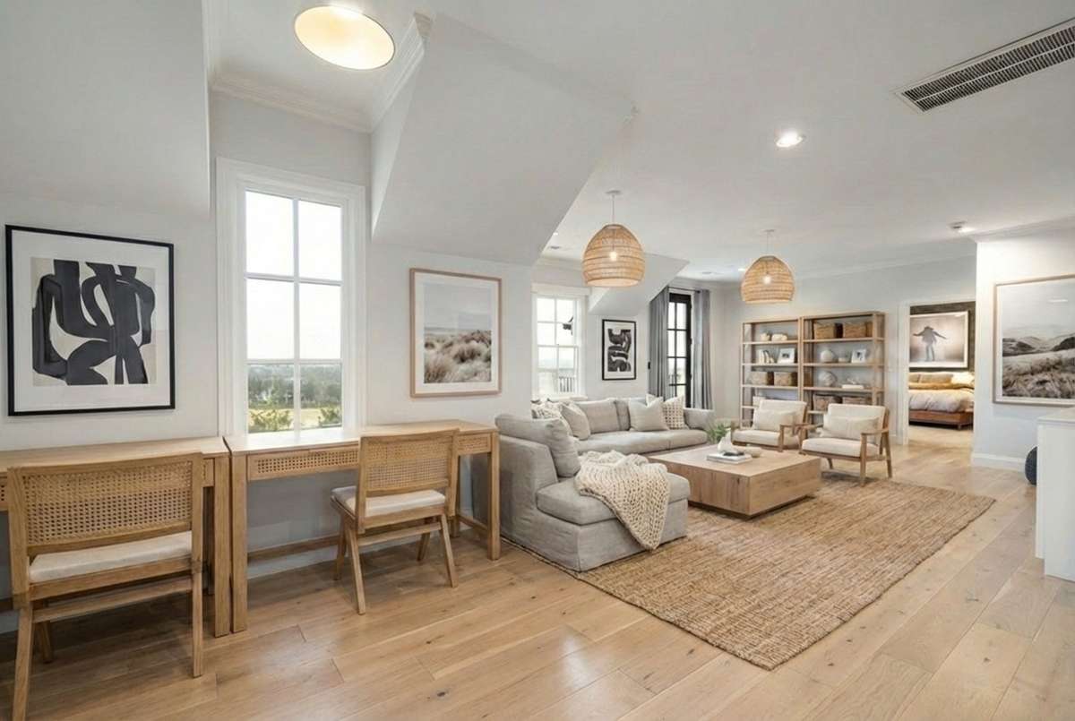 Virtual rendering to illustrate potential furniture placement and finishes.