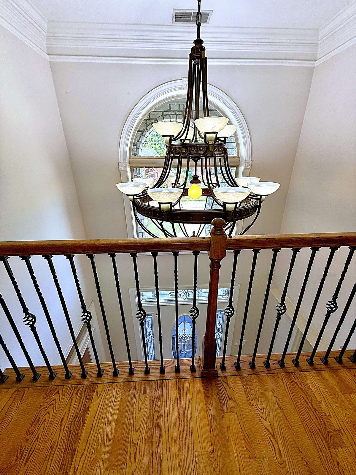 Front foyer chandelier from upstairs bridge