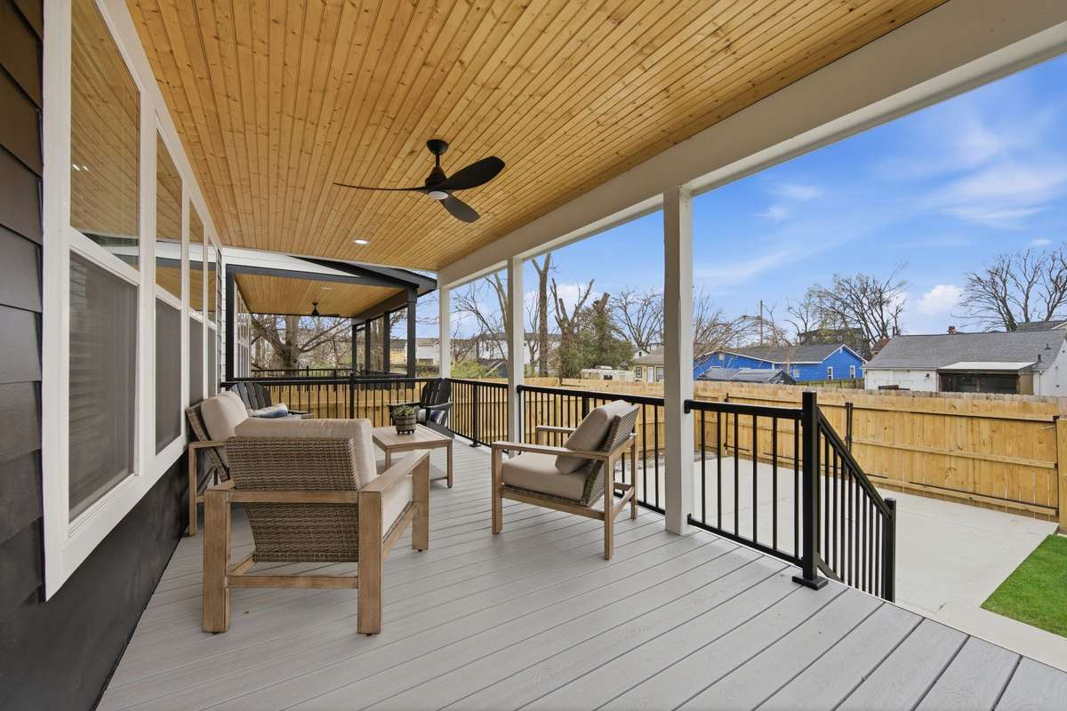 Covered outdoor living! Composite decking for minimal maintenance and luxurious wood ceiling combine to welcome residents with an elevated living space to enjoy the outdoors.