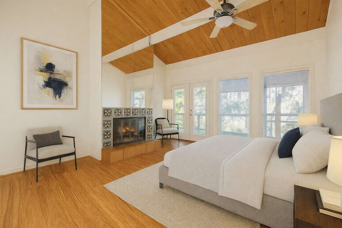 Virtual photo of Primary bedroom now painted a luscious Ivory - in fact whole home interior now has a neutral feel.