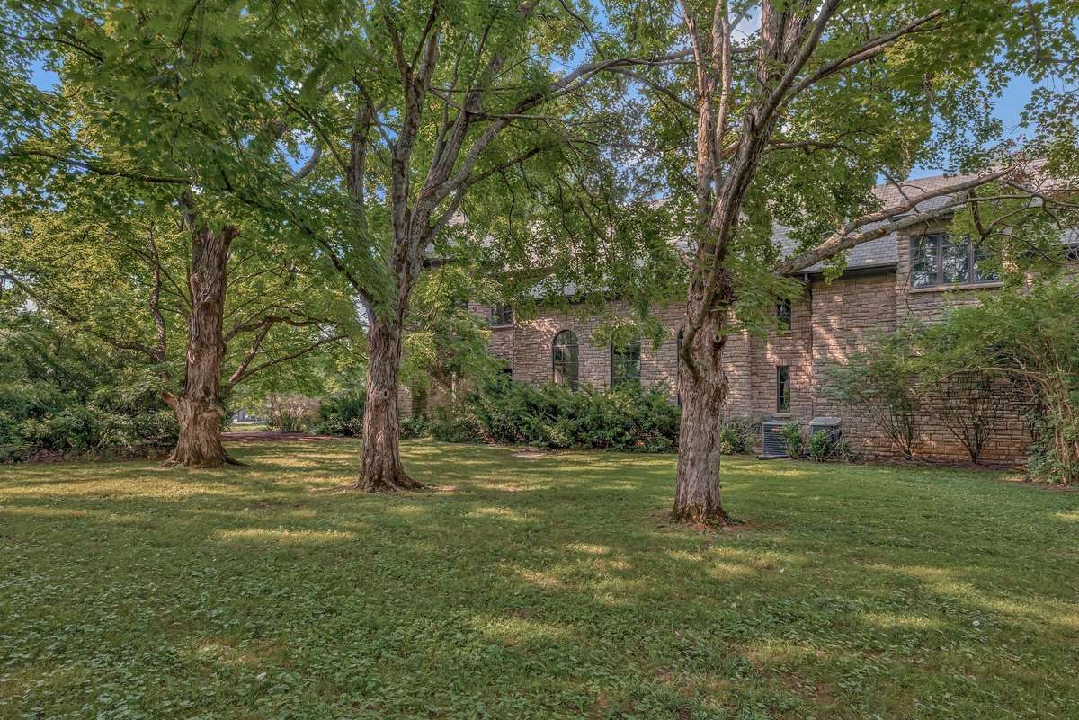 Corner lot- this is the view from the side street.  The architectural grandeur continues to impress with the arched windows and stone exterior.  The mature trees burst into brilliant gold each fall creating a golden cathedral overhead. Gorgeous!