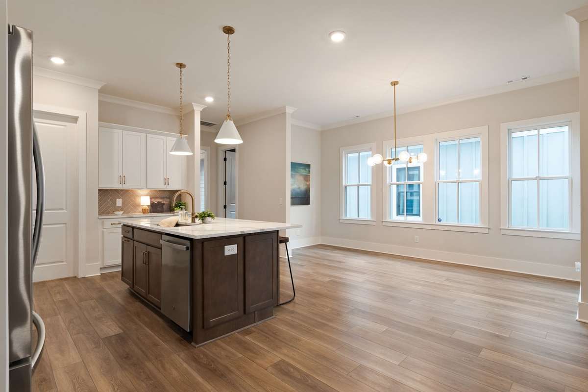 The dining area of the kitchen has space for a large table.