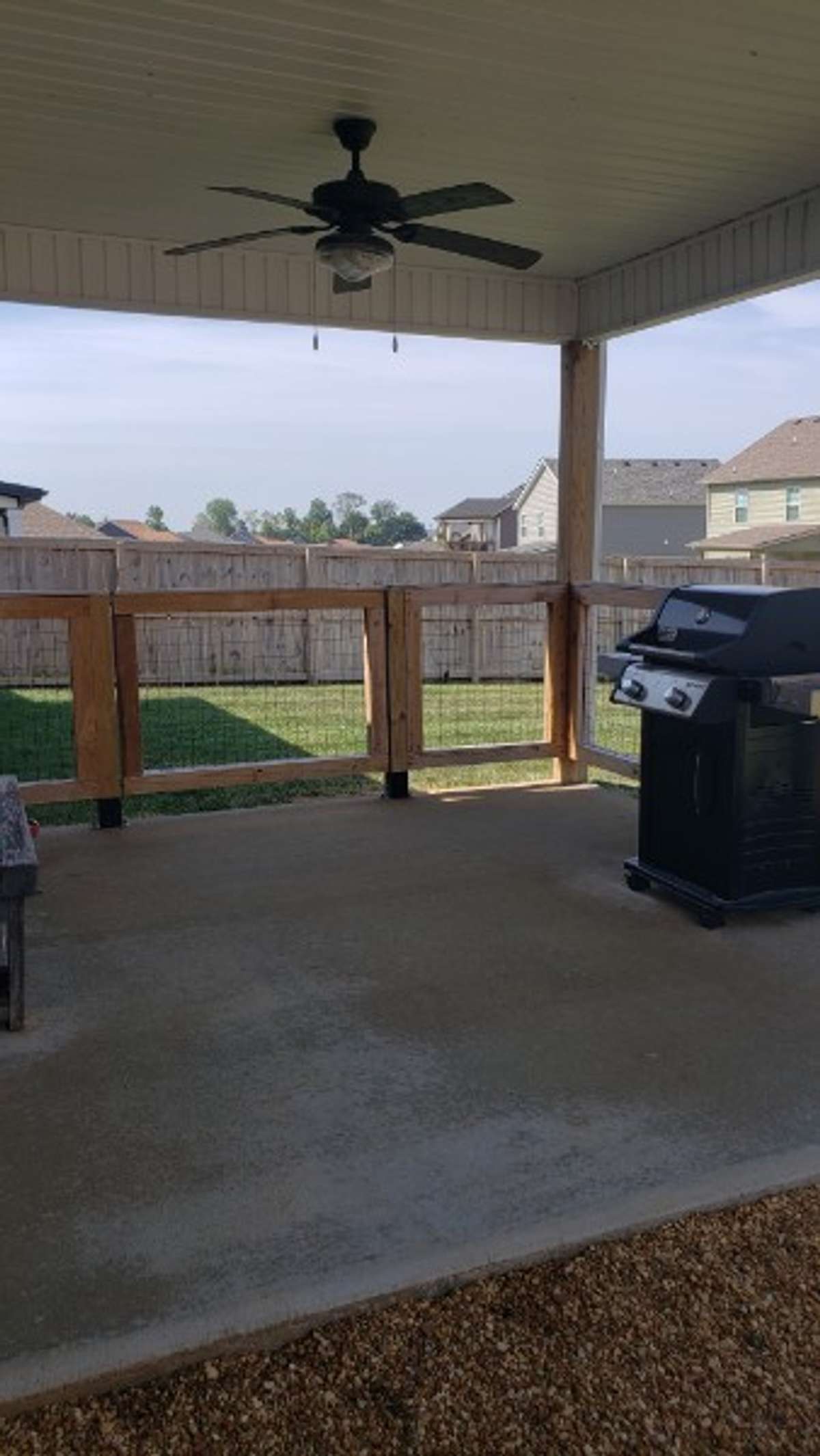 The covered patio is fenced off. If your dog is like mine, it will steal a steak off the grill!!!