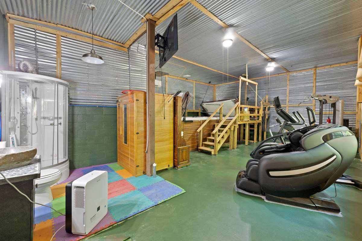 Pool / exercise room - with sauna, swim spa, and steam shower