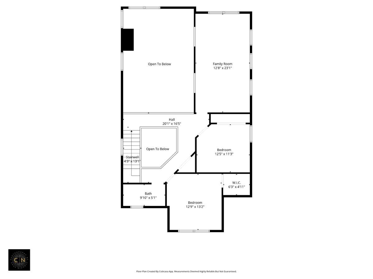 Second floor layout highlighting two additional bedrooms, full bath, and expansive bonus room with open-to-below design.