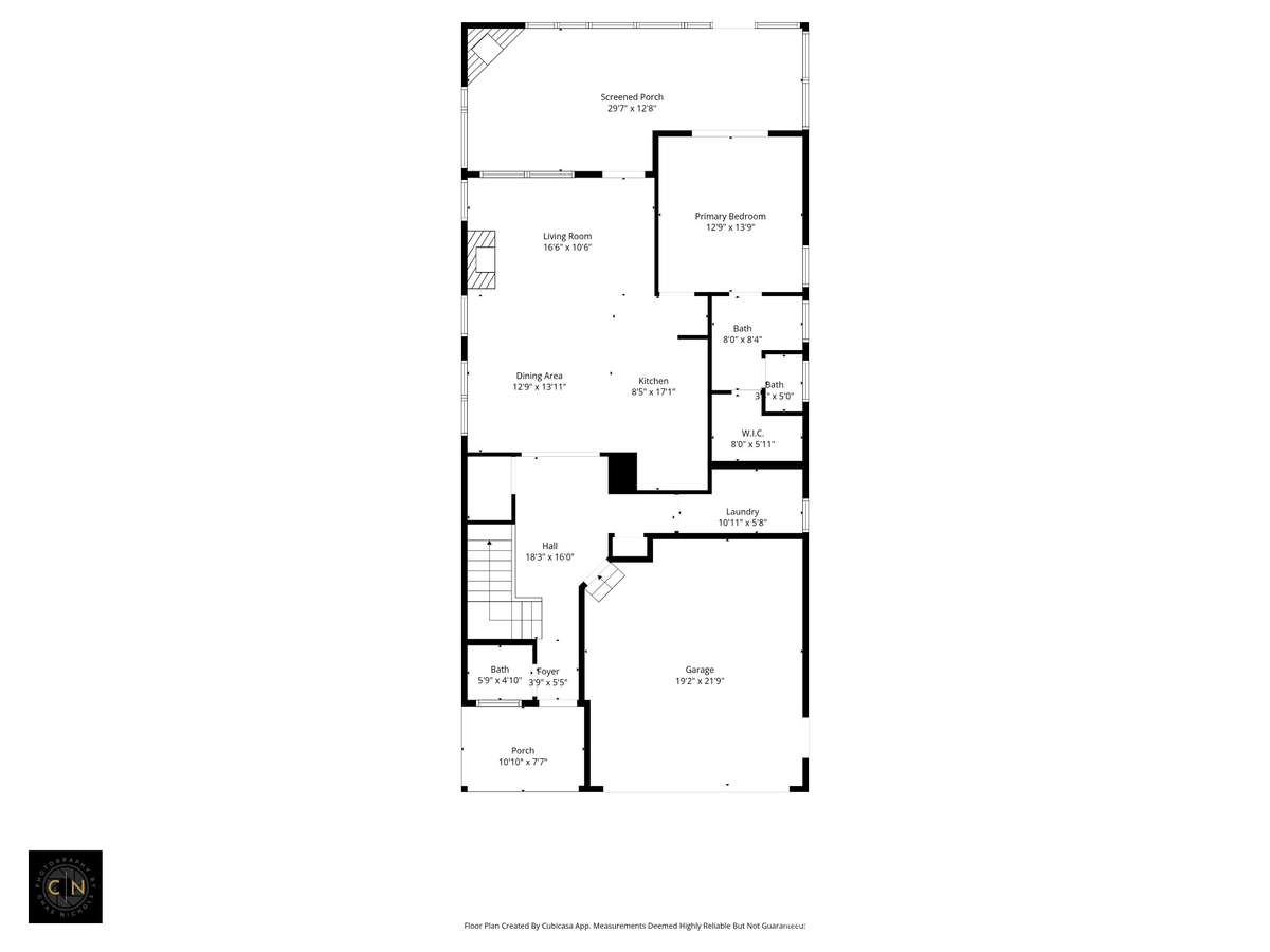 Main level floor plan featuring primary suite, open living area, kitchen, and seamless access to the screened porch.