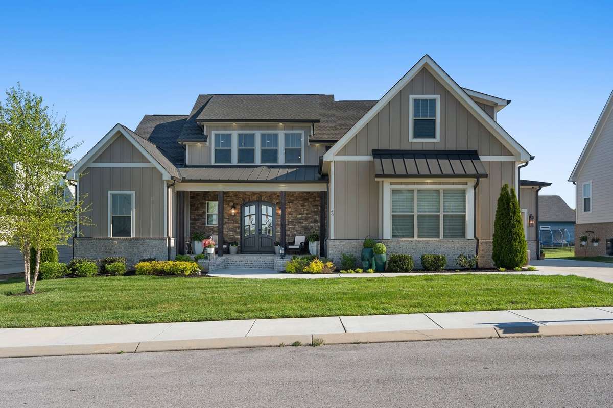 Beautifully crafted exterior with board & batten, stone accents, and manicured landscaping in a premier lake community.