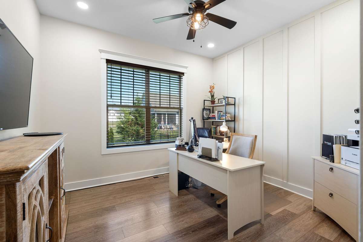 Dedicated home office with natural light—perfect for remote work or a quiet retreat.