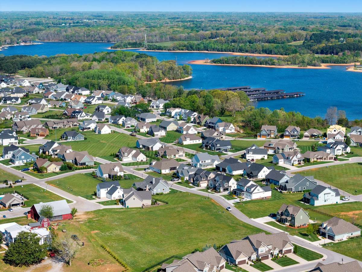Stunning aerial showcasing the beauty of Tim’s Ford Lake and the surrounding rolling landscape.