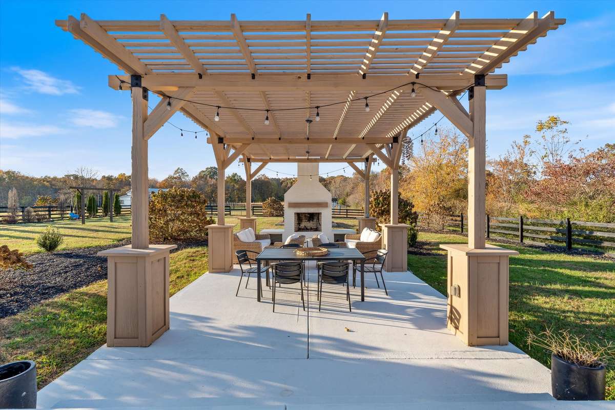 Outdoor fireplace with seating area
