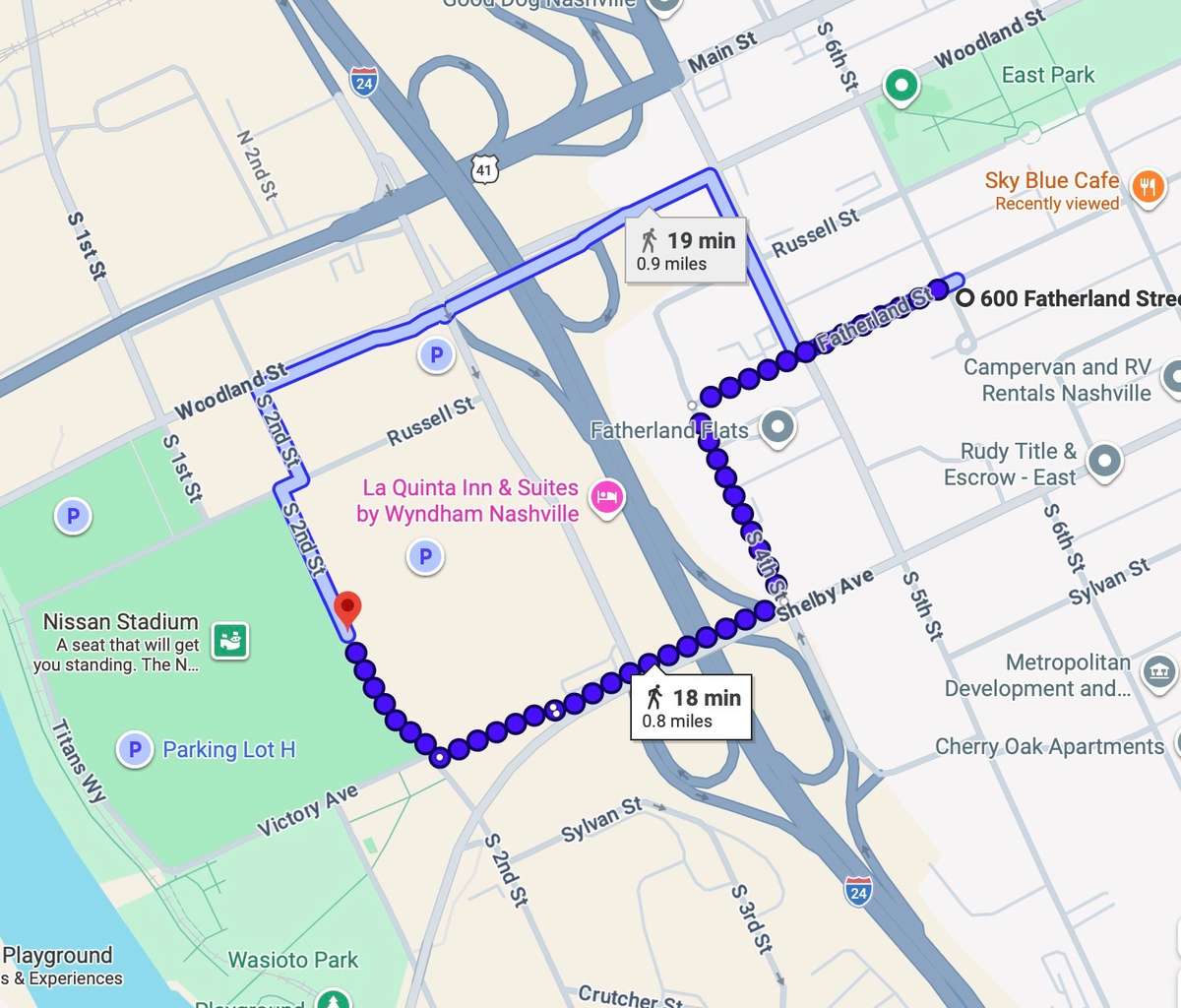 15-20 min walk to the Titans Stadium - all with sidewalks - easy breezy