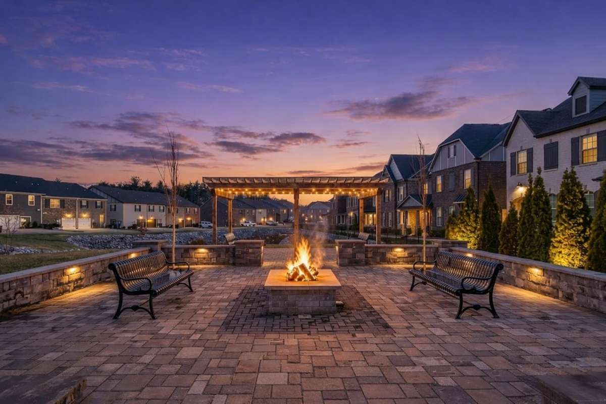 Beautifully designed community area with fire, pergola, and seating