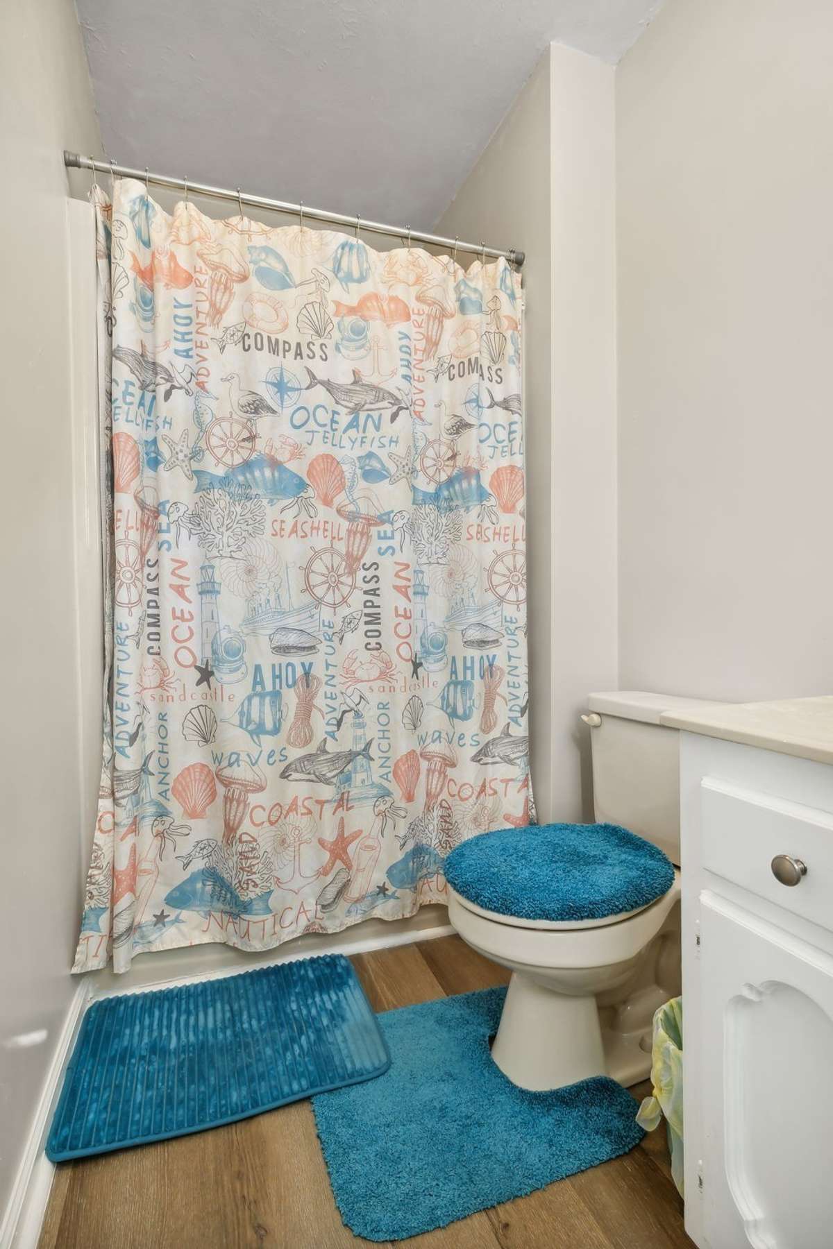 Cheerful bathroom with tub/shower combo and colorful accents.