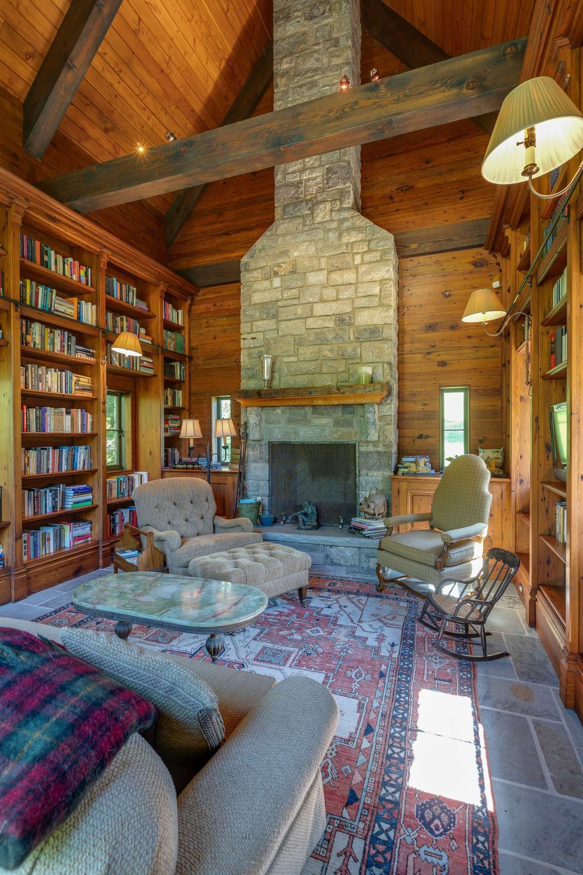 The library, stone and large timber construction, HVAC and fireplace plus fine detail