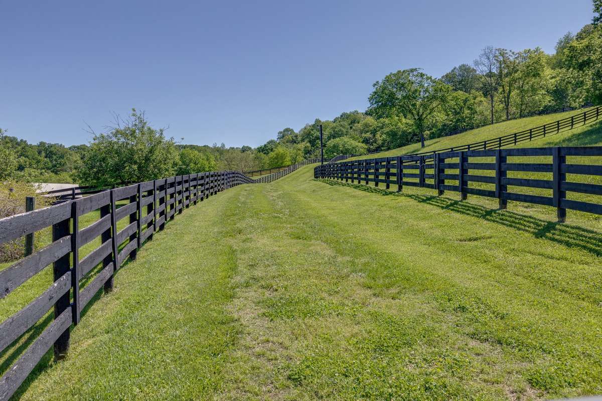 Lighted path between paddocks leads up to a hilltop riding ring, and trails into the woods