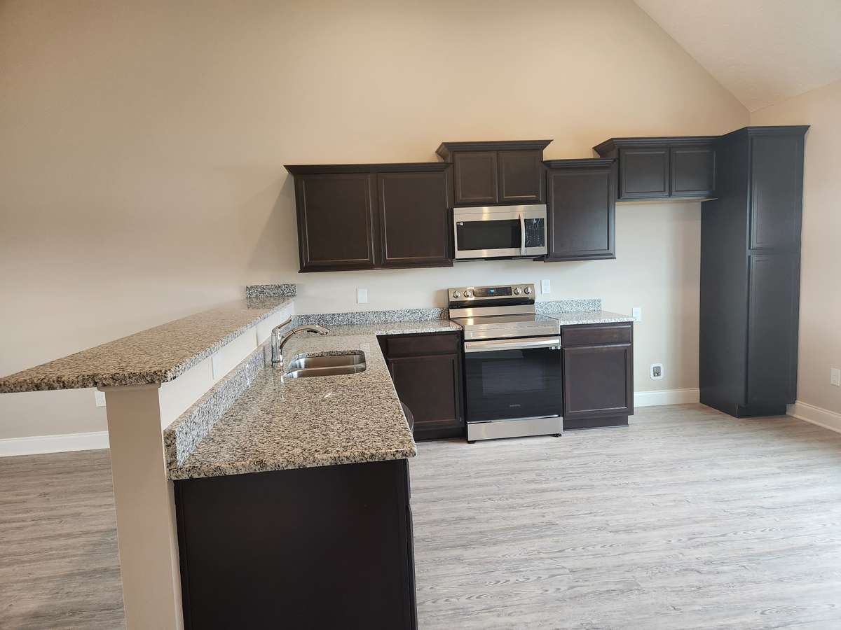 House will have Dark Cabinets and Granite Counter Tops in Kitchen. 
Picture of Similar House.