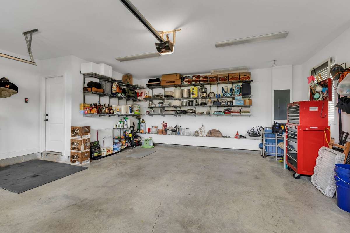 Garage has shelving - room for so much
