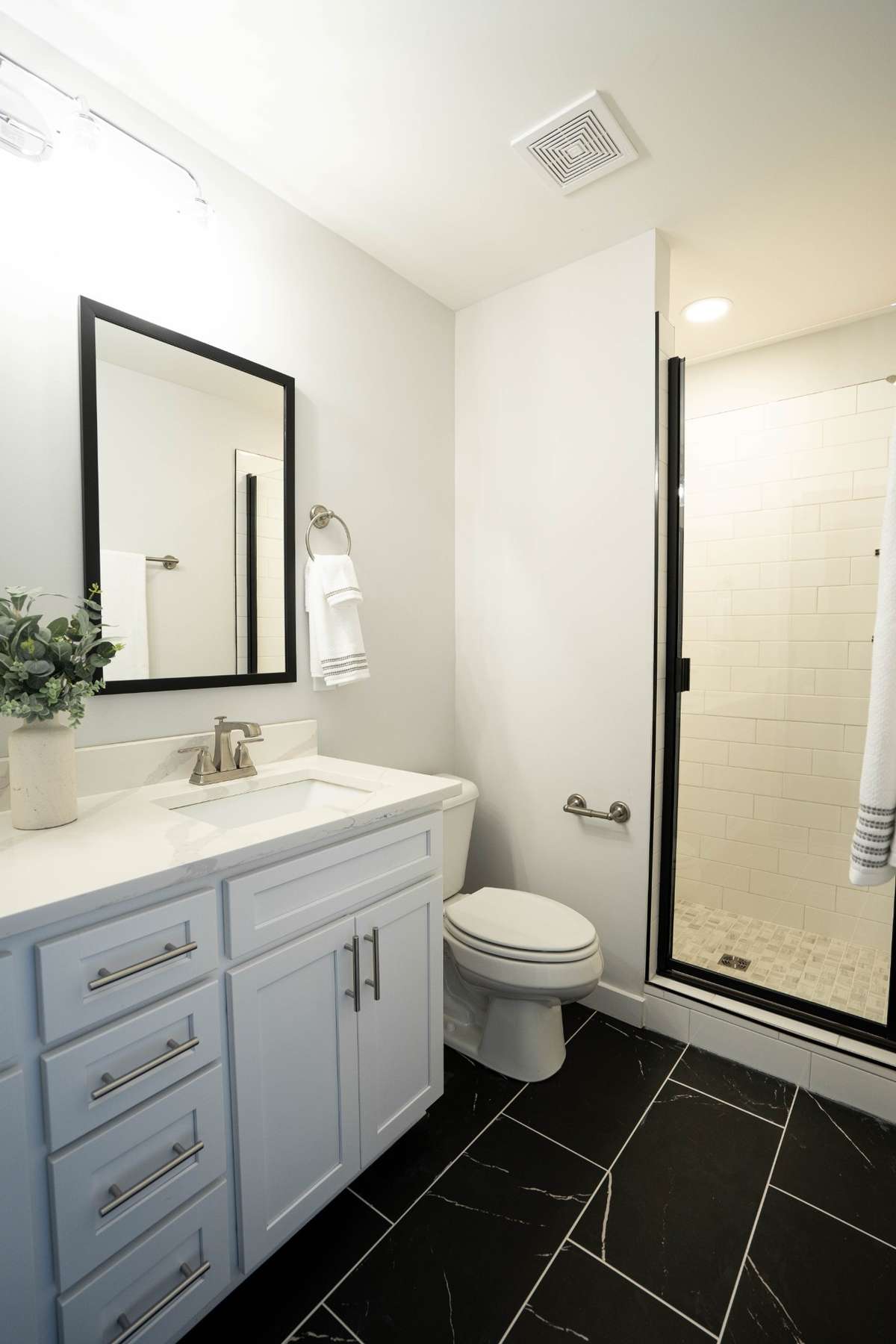 Tiled shower with built in shelves and bench!
