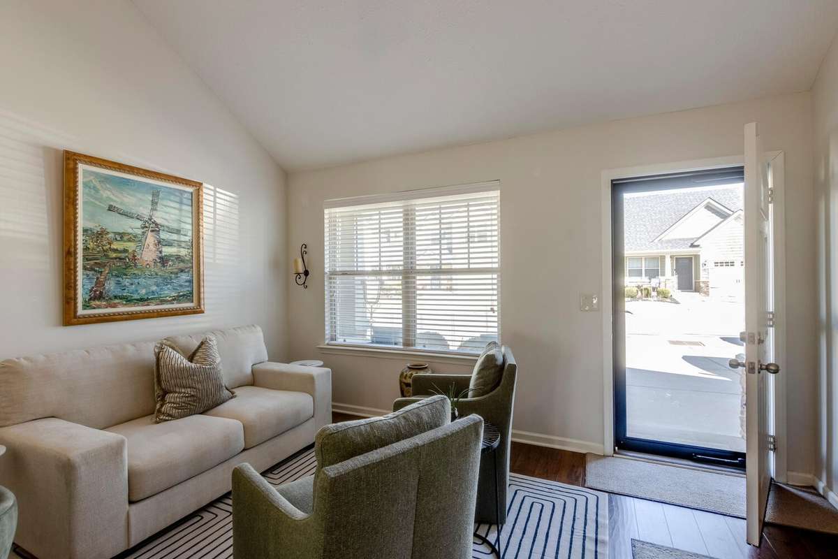 Natural light brightens the living room.