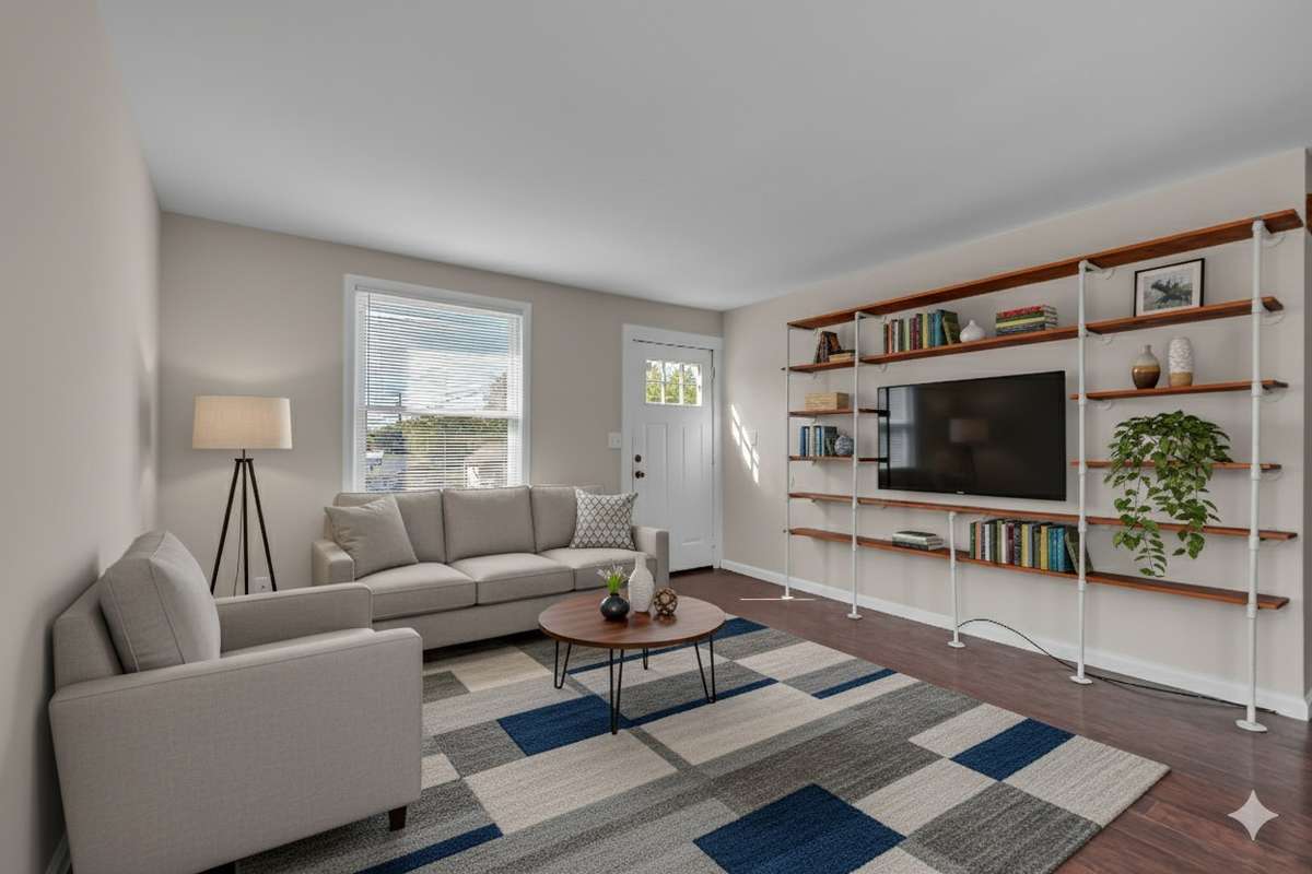 This virtually staged photo shows the possibilities in the large living area. Bright and open living space with large picture window, updated lighting, and stylish built-in shelving for TV or décor.