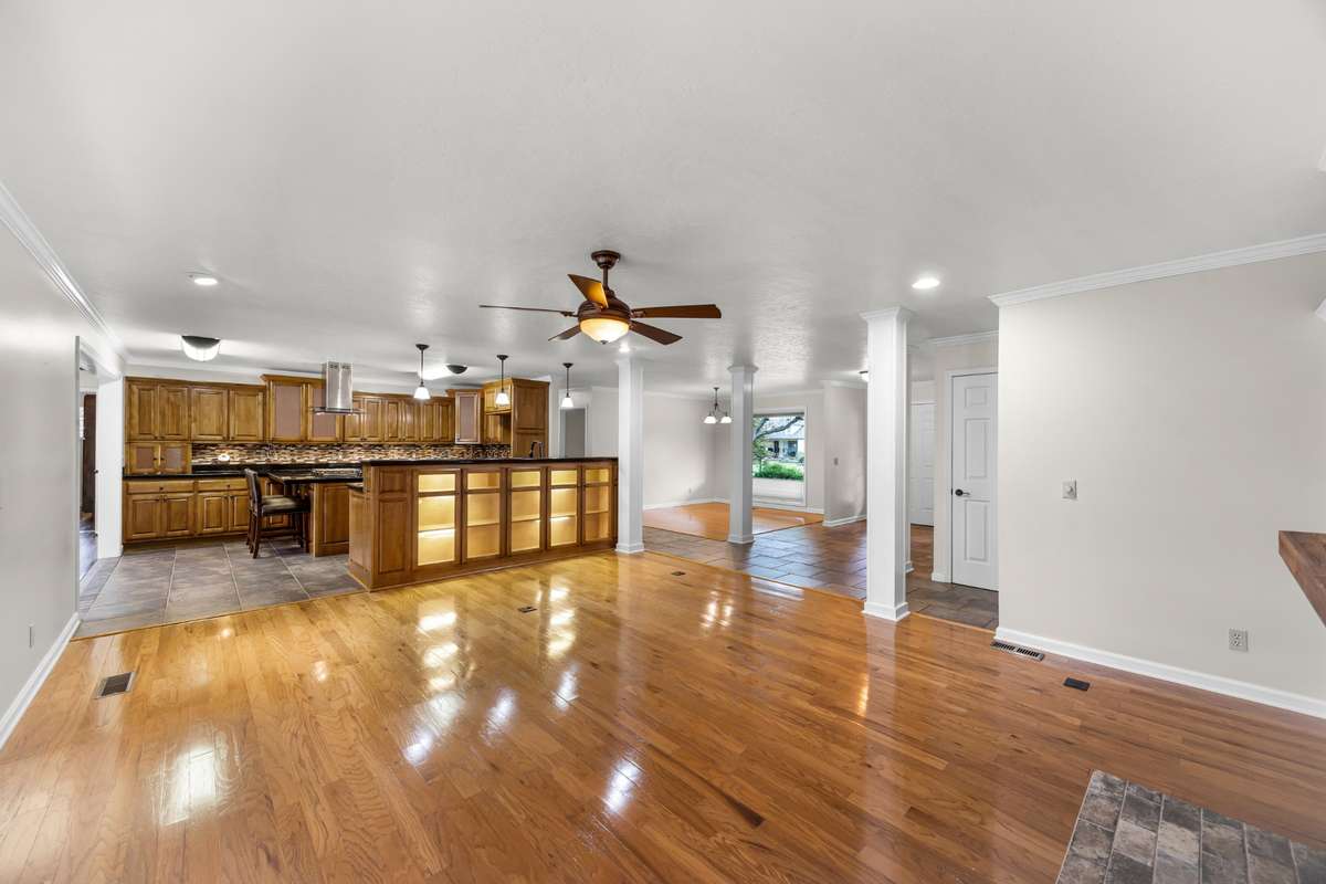 Living Room View to Kitchen & Foyer / Dining Room