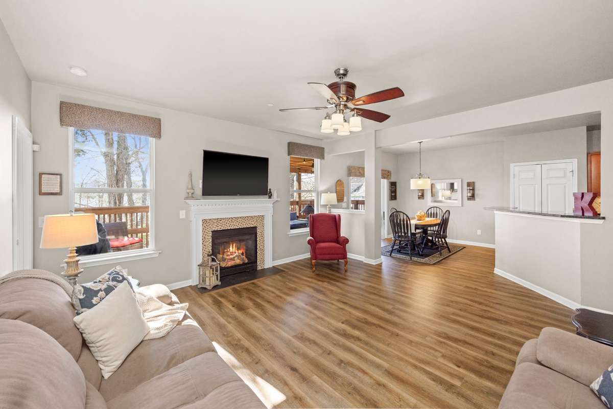 Living room looking into dining and kitchen area