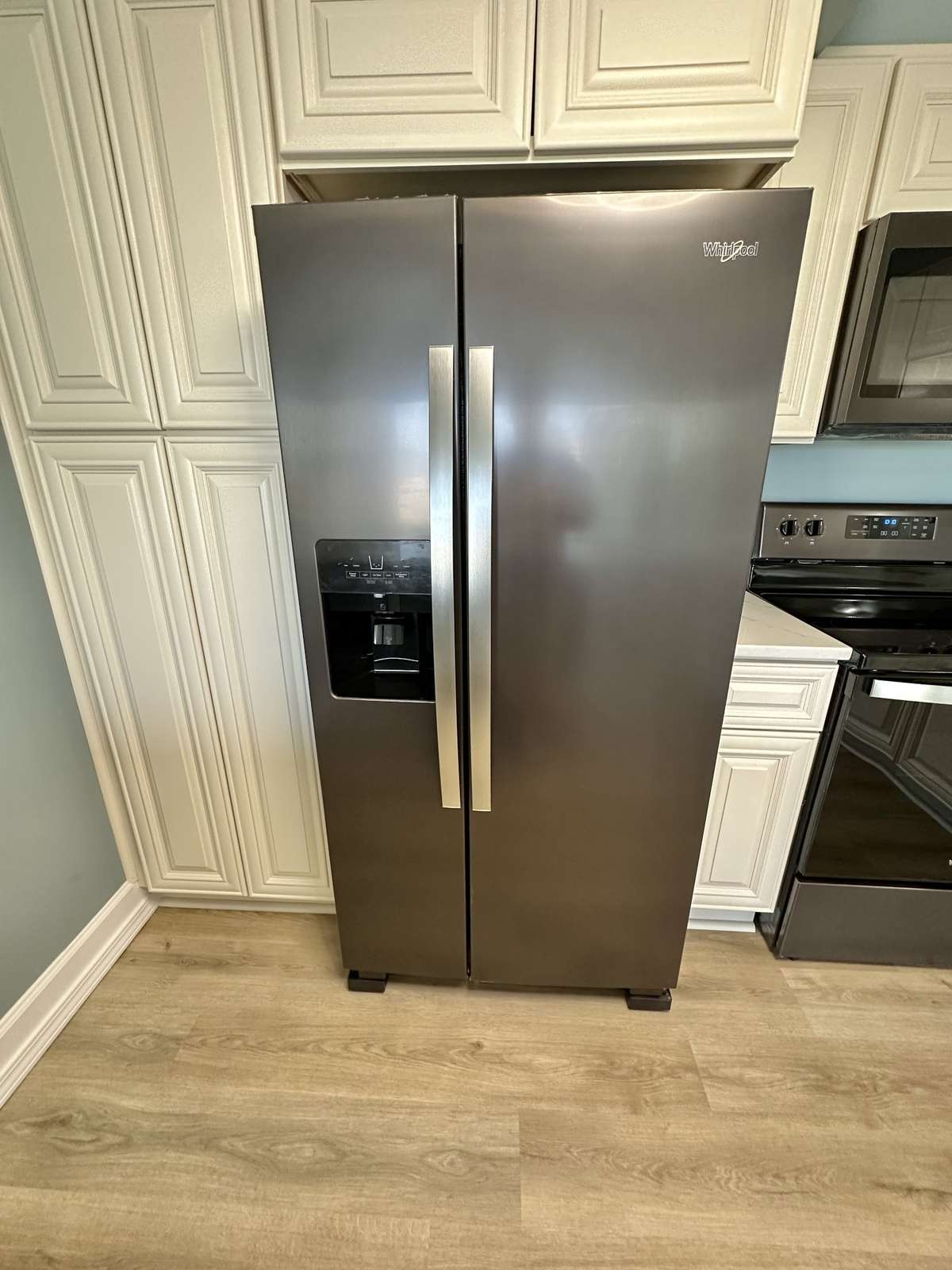 Black stainless appliances.
