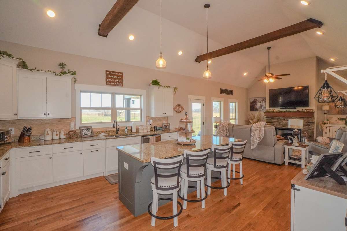 This view shows the family room from the kitchen