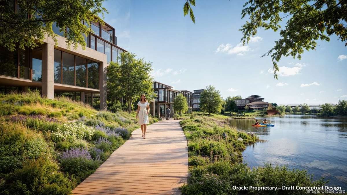 Rendering of the upcoming waterfront at the Oracle Corporation campus in Nashville, featuring scenic walking paths along the river, all connected to downtown via the future pedestrian bridge from 5th Ave N.