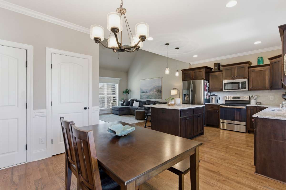 There is a pantry and great spacing for the dining area to be connected to the kitchen area.
