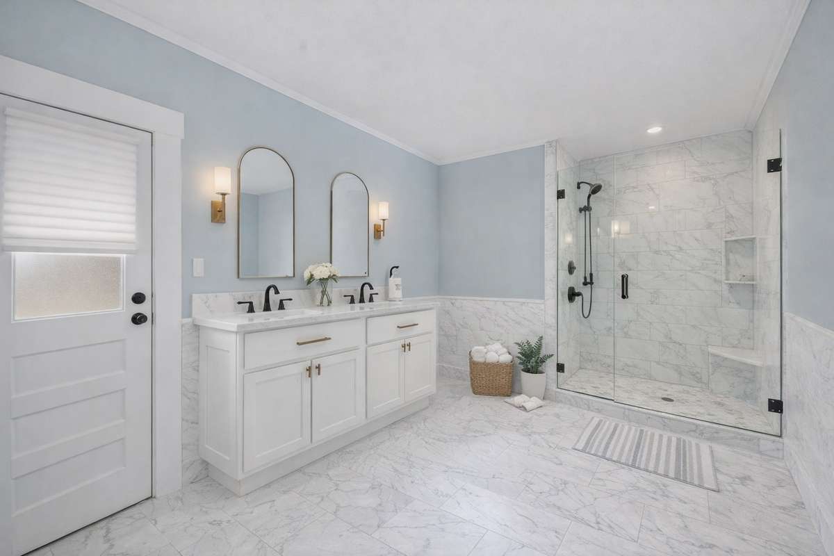 The photo is virtually enhanced. This space is at the end of the hall off one of the bedrooms.  Imagine recreating this space to your own luxury bath.  Next picture shows that this room has been used as a storage spot.
