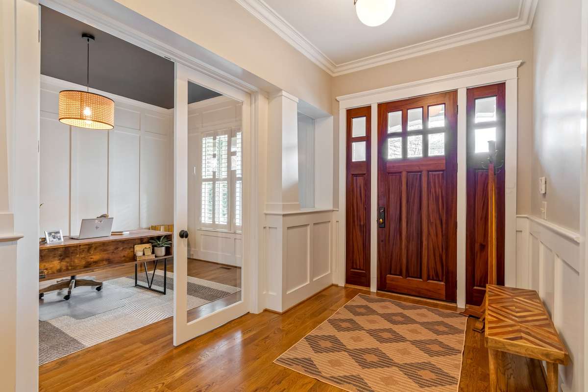 A view of the office which has been closed in for privacy with beautiful glass doors...