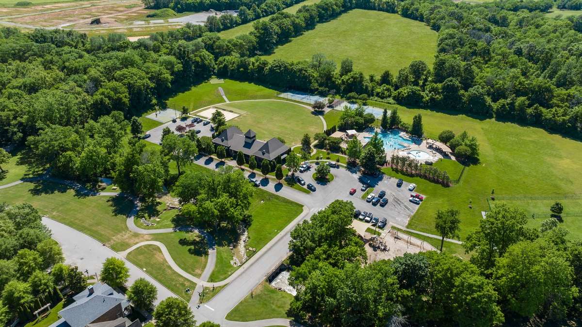 An aerial view of the Amenity Center Complex...As you can see, it hosts the walking trails that lead to the new Thompsons Station Greenway and Preservation Park, along with pools, pickleball courts, basketball court, dog park and playground...