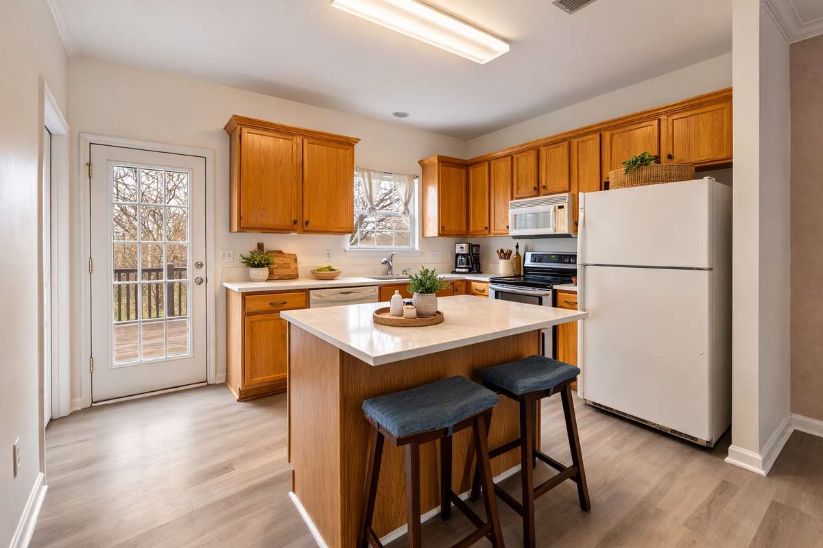 Kitchen with new quartz countertops, extra cabinetry, bright natural light, and opens to the back deck.