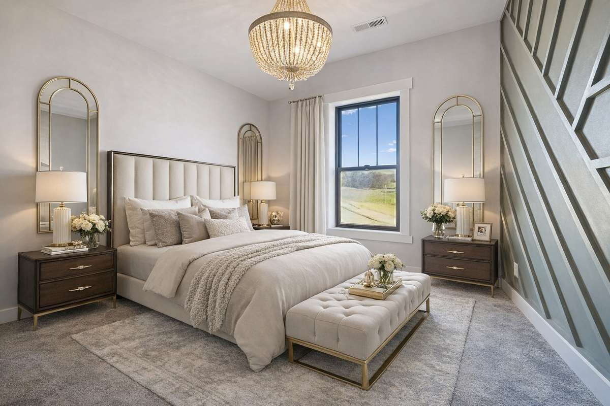 This hobby room features a chandelier, carpet floor, & window. 763 Thompson Creek Rd. Shelbyville, TN 37160